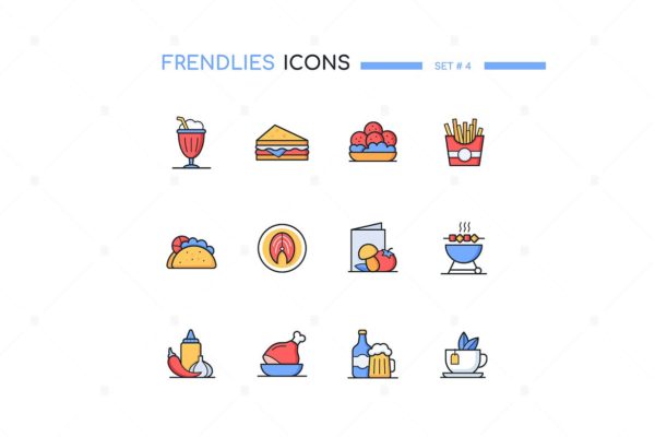 街头美食线条设计风格图标集 Street food – line design style icons set