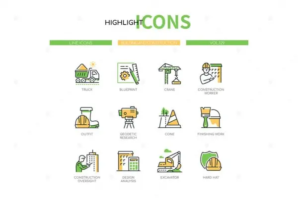 建筑和施工主题线条设计风格图标 Building and construction line design style icons