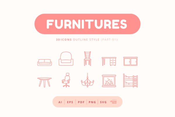 30枚轮廓风格家具图标素材v1 30 Icons Furnitures Part-01 Outline Style