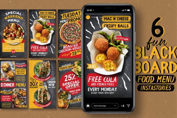 黑板背景食品菜单Instagram故事设计模板 Fun Blackboard Food Menu Instagram Stories
