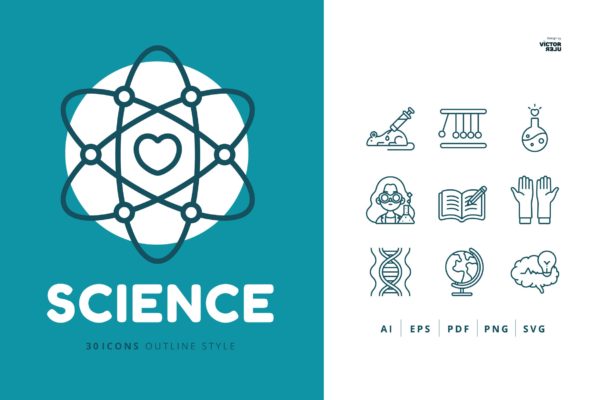 30枚轮廓风格科学图标素材 30 Icons Science Outline Style
