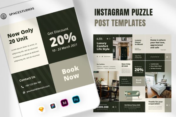 豪华房地产推广Instagram帖子拼图模板 Instagram Puzzle