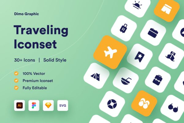 旅游主题实体图标素材集 Traveling Icon set Solid UZ