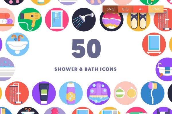 50枚淋浴和沐浴主题圆形彩色图标素材 50 Shower & Bath Icons