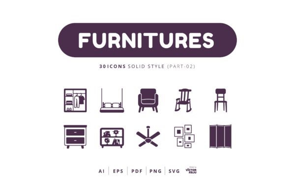 30枚实体风格家具图标素材v2 30 Icons Furnitures Part-02 Solid Style