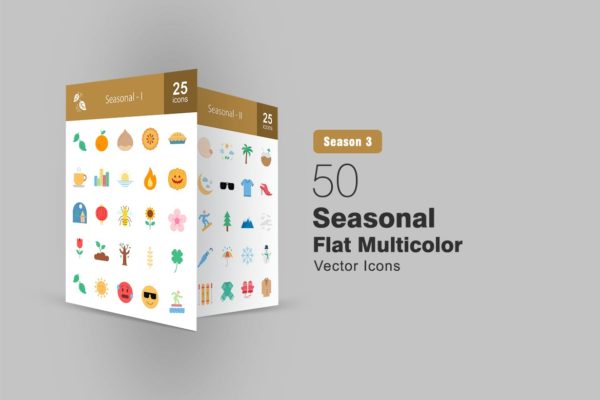 50个季节元素扁平多彩图标 50 Seasonal Flat Multicolor Icons