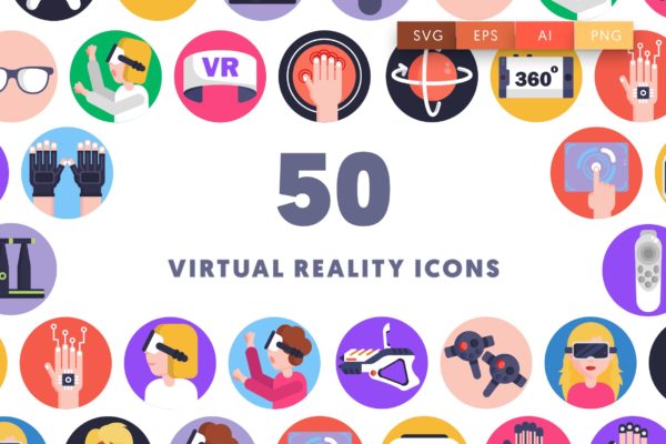 50枚VR主题圆形彩色图标素材 50 Virtual Reality Icons