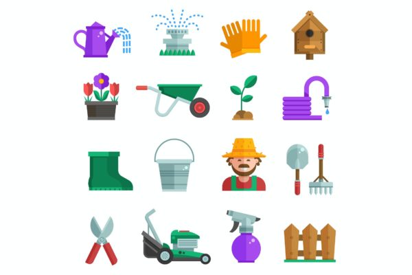 春季园艺扁平设计图标 Spring Gardening Icons in Flat Design