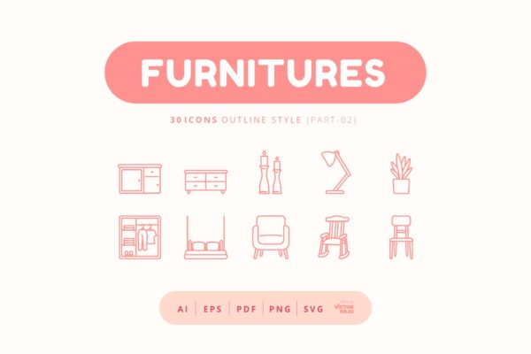 30枚轮廓风格家具图标素材v2 30 Icons Furnitures Part-02 Outline Style