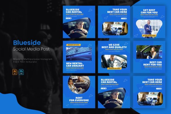 汽车租赁主题蓝色Instagram帖子模板 Blueside Car Rental | Instagram Post