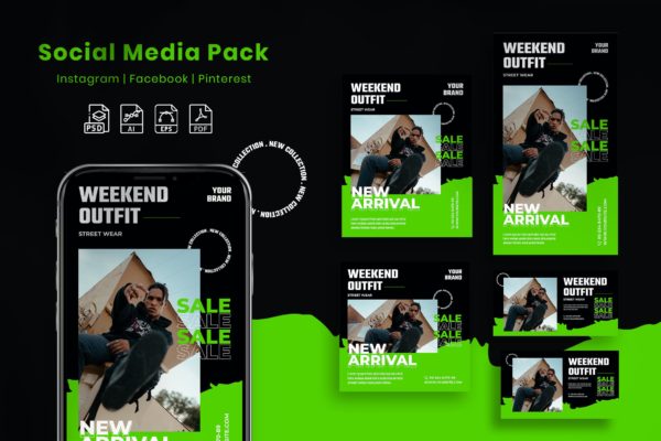 周末促销社交广告图设计模板套装 Weekend Outfit – Social Media Pack