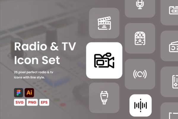 广播&TV主题线性图标集合 Radio & TV Line Icon Set
