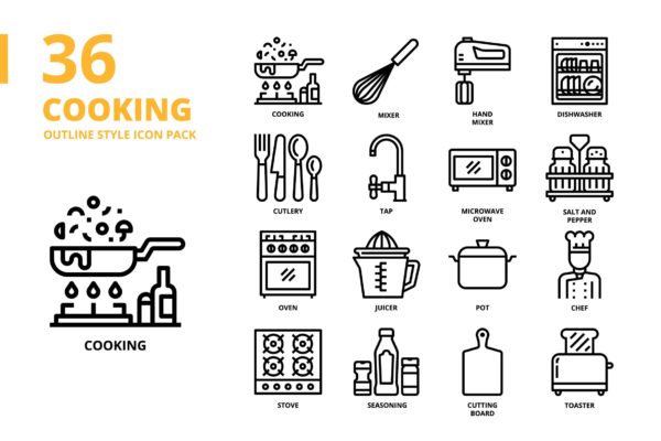 烹饪主题轮廓样式矢量图标集 Cooking Outline Style Icon Set