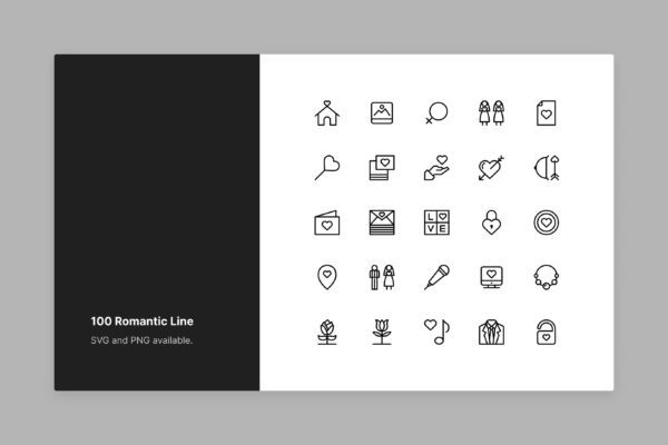 简约线条风格矢量浪漫爱情图标集合 Romantic & Love Icon Set – Line Style