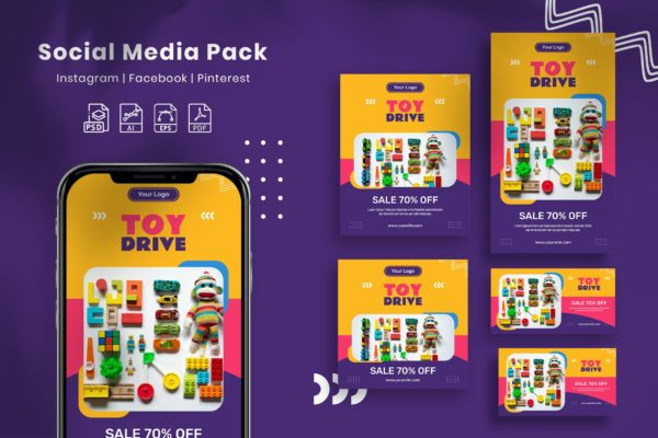 积木玩具社交广告图设计模板套装 Toy Drive – Social Media Pack