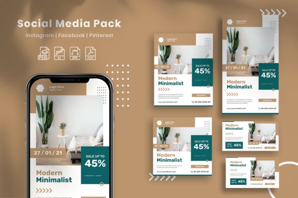 现代极简主义社交广告图设计模板套装 Modern Minimalist – Social Media Pack