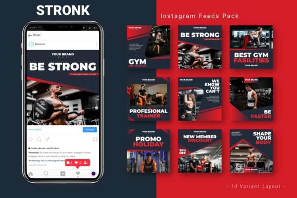 运动健身Instagram信息流贴图设计模板 Stronk – Instagram Feed Pack