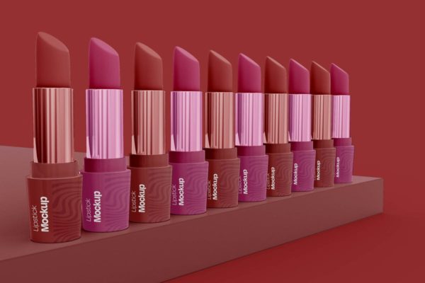 排列布局口红化妆品品牌包装设计样机素材 Lipsticks Mockup