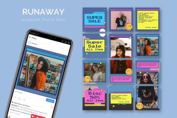 复古像素风格Instagram十二宫格拼图模板 Runaway – Instagram Puzzle Template