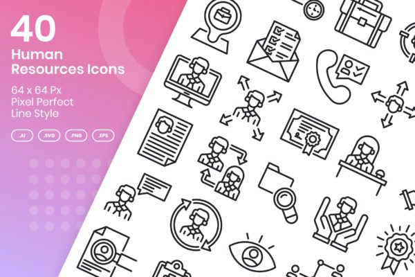 40枚人力资源矢量线条图标集合 40 Human Resources Icons Set – Line