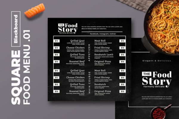黑板画风格正方形两列式西餐厅菜单排版设计模板v01 Blackboard Square Food Menu. 01