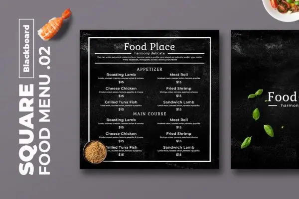 黑板画风格正方形两列式西餐厅菜单排版设计模板v02 Blackboard Square Food Menu. 02