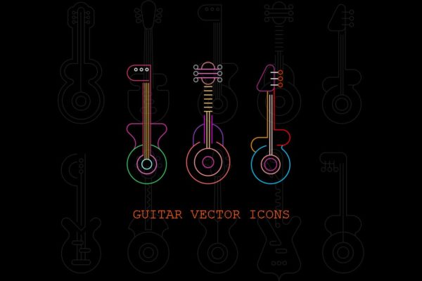 线条艺术吉他剪影矢量图标集 Set of Line Art Guitar Silhouettes vector icon set