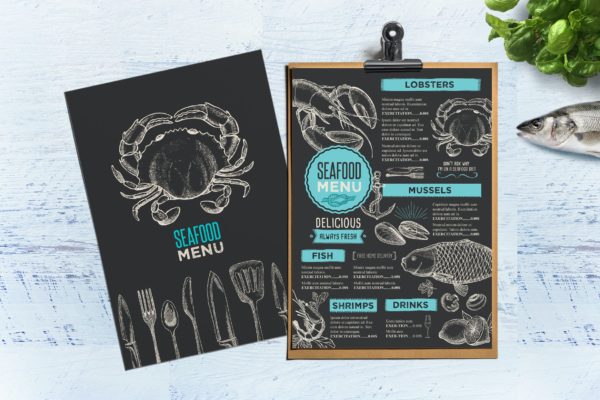 黑板画设计风格海鲜餐厅菜单模板素材 Seafood Menu Template