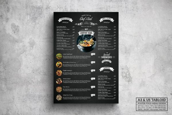 黑色风格西餐厅菜单海报版式设计模板 Dark Poster Food Menu – A3 & US Tabloid