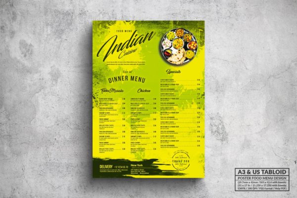 印度菜餐厅菜单版式设计模板 Spicy Indian Poster Food Menu – A3 & US Tabloid