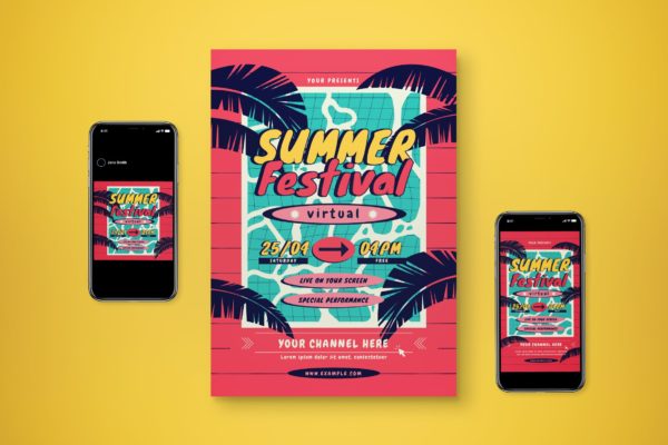 夏季节日活动推广海报模板 Virtual Summer Festival Flyer Set