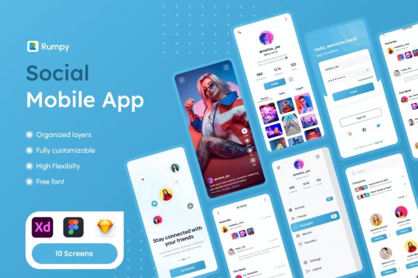 社交媒体App UI设计套件 Rumpy – Social Media Mobile App UI Kit