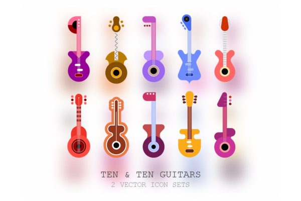 十把不同的吉他矢量图标 Ten + Ten Guitars (2 vector icon sets)