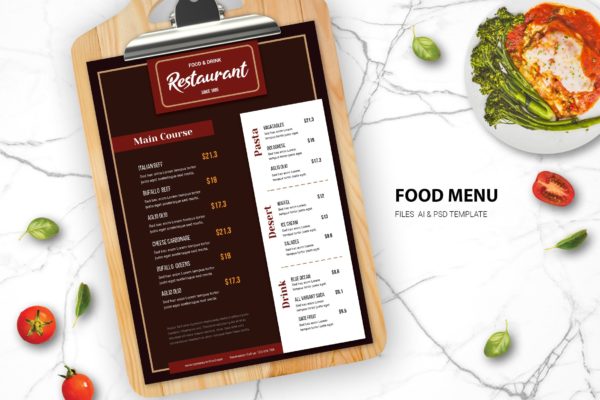 西餐厅单页排版风格菜单模板 Restaurant Food Menu