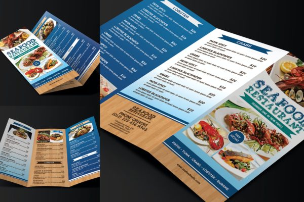 三折页海鲜菜单设计模板 Trifold Seafood Menu
