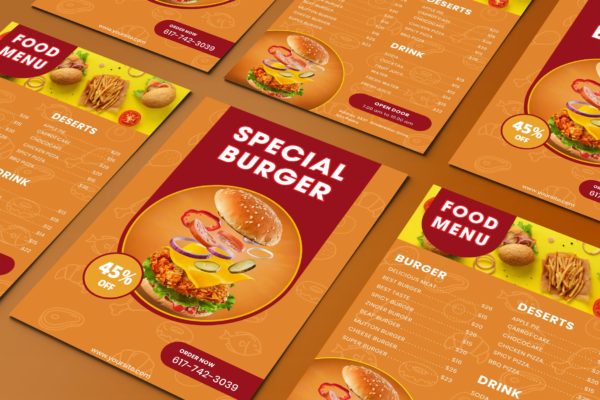 双面风格快餐菜单列表排版设计模板 Fast Food  Flyer Two Sided Menu List Template