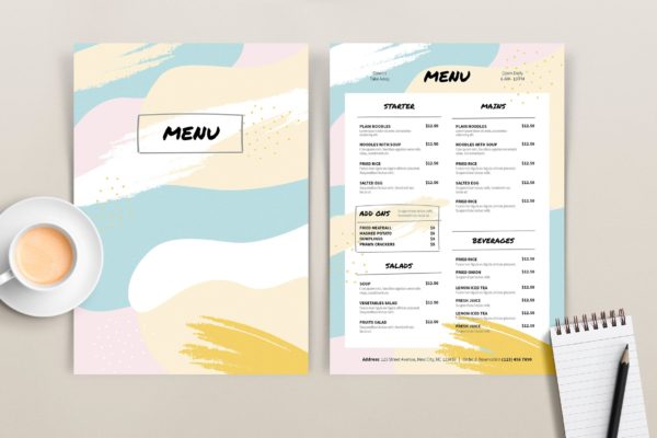 西餐厅彩色单页菜单设计模板 Colored Menu Template