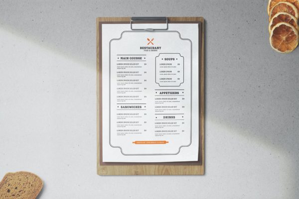 极简主义风格西餐厅单页菜单模板 Restaurant Menu Template Minimalist