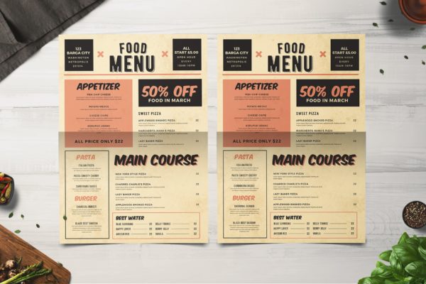 简约复古风格西餐厅菜单排版设计模板 Retro Food Menu