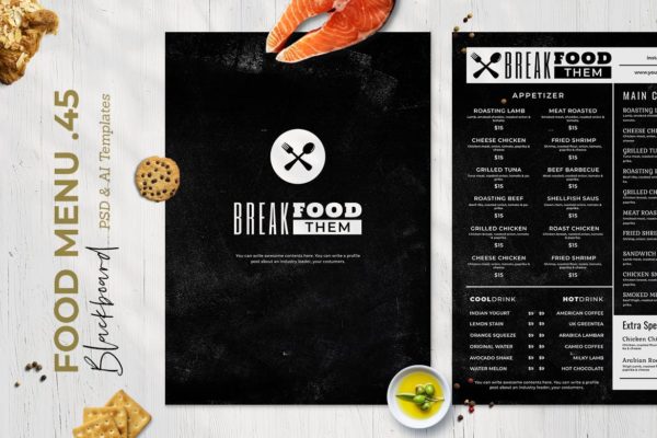 黑板画风格西餐厅菜单设计模板v45 Blackboard Food Menu. 45