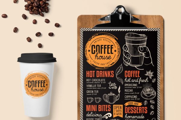 咖啡厅咖啡馆粉笔画设计风格菜单模板 Coffee Menu Template