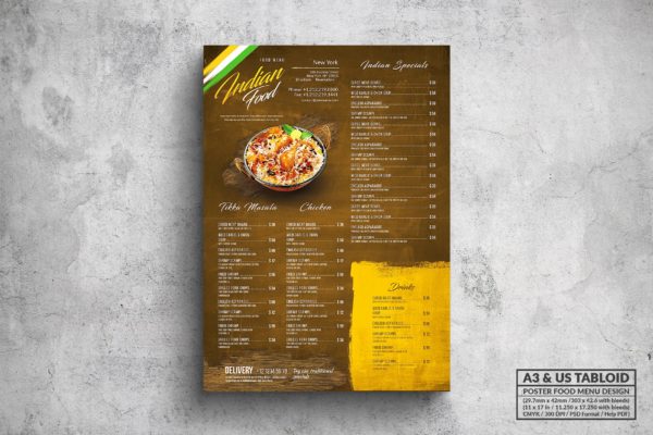 印度菜餐厅海报式菜单排版设计模板 Indian Poster Food Menu – A3 & US Tabloid