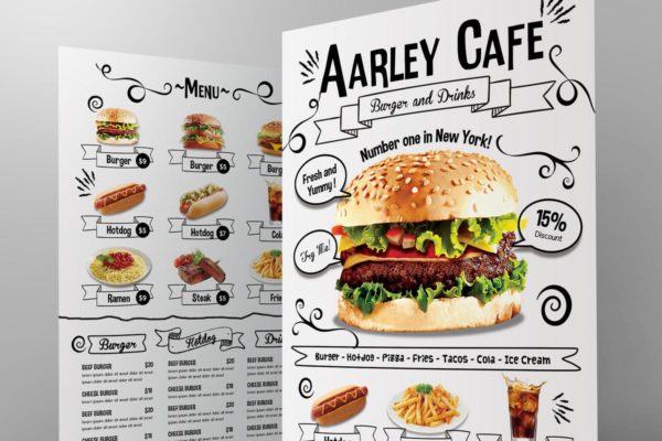 涂鸦风格咖啡厅菜单&名片设计模板 Doodle Cafe Menu + Business Card