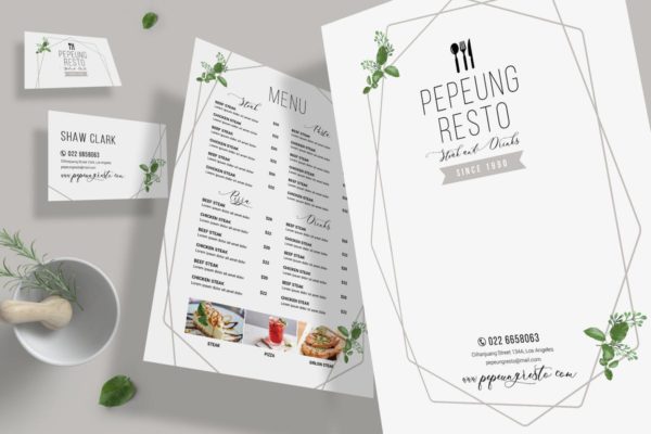 简约几何图形设计风格餐厅菜单&名片设计模板 Simple Geometric Menu + Business Card