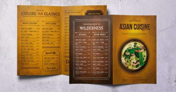 亚洲美食餐厅菜单版式设计模板 Asian Cuisine Food Menu A4 & US Letter Bifold