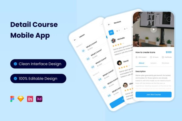 课程App应用详情页面UI设计模板 Detail Course Mobile App