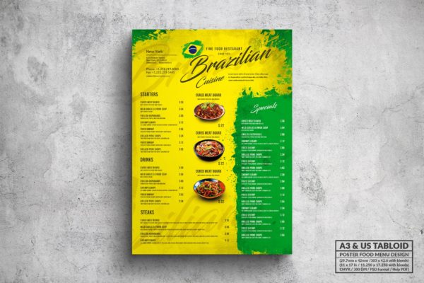 巴西烤肉自助餐厅菜单设计模板 Brazilian Poster Food Menu – A3 & US Tabloid