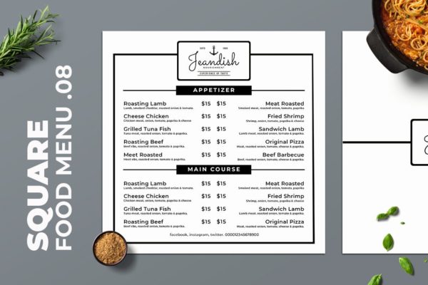 黑白配色西餐菜单排版设计模板v08 Square Food Menu. 08