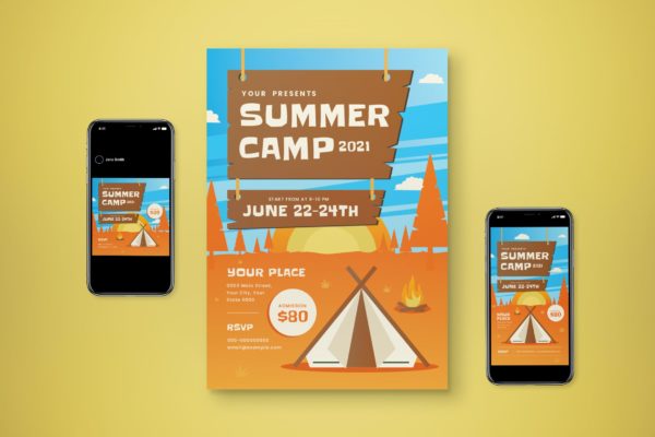 夏季露营旅行活动海报设计模板 Summer Camp Flyer Set