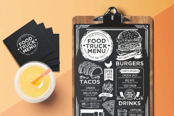 黑板画风格汉堡餐车菜单模板 Food Truck Menu